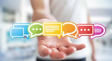 Renkli düz konuşma simgeler 3d rendering kullanarak iş adamı