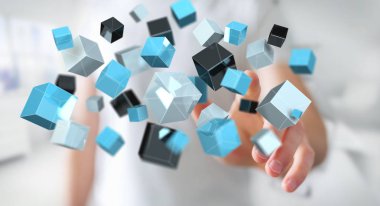 Kayan mavi parlak küp ağ 3d renderi dokunmadan işadamı