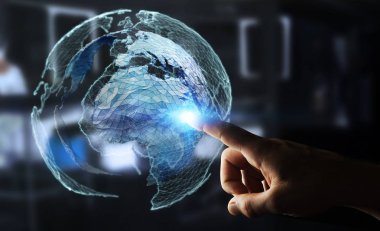 Planet Earth 3d render küresel ağ dokunmadan işadamı