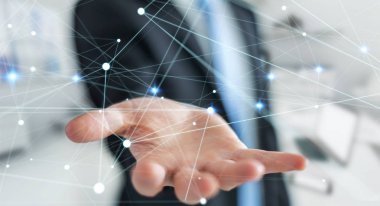 İşadamı 3d render tarafından düzenlenen ağ uçan nokta