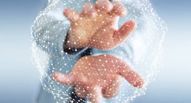 Uçan ağ küre 3d render tutan işadamı