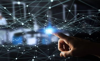 İşadamı 3d render tarafından dokundu ağ uçan nokta