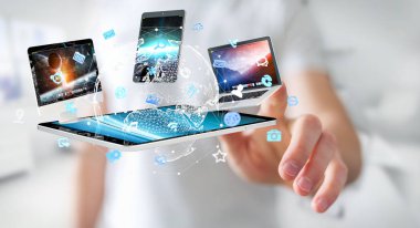 Teknoloji cihazları birbirine 3d render bağlamak işadamı