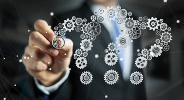 Businessmandrawing soru işaretleri dişli 3d render