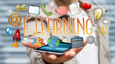 E-öğrenme sunu çizilmiş tutan işadamı