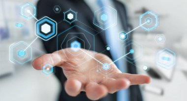 Dijital ekranlar hologramlar veriler 3d render ile kullanarak iş adamı