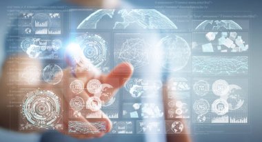 Dijital ekranlar hologramlar veriler 3d render ile kullanarak iş adamı