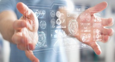 Dijital ekranlar hologramlar veriler 3d render ile kullanarak iş adamı