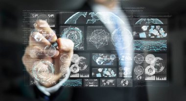 Dijital ekranlar hologramlar veriler 3d render ile kullanarak iş adamı