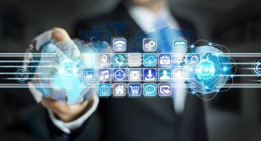 İşadamı dünyalar simgeler ve uygulamaları yazılım için bağlanma