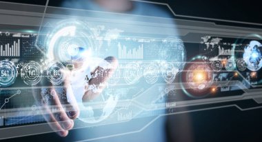 Hologram ekran işadamı 3d render tarafından kullanılan dijital veriler ile