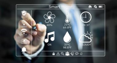 Akıllı ev dijital arabirimi 3d işlemesini kullanan iş adamı