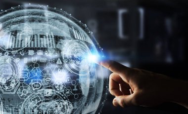 Hologram küre 3d render dokunmadan işadamı