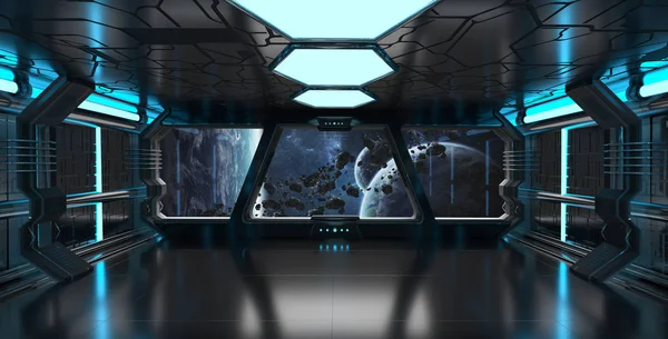 Ruimteschip interieur met uitzicht op verre planeten systeem 3d render — Stockfoto