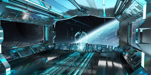 Interior de la nave espacial con vista al planeta Tierra 3D renderizado el — Foto de Stock