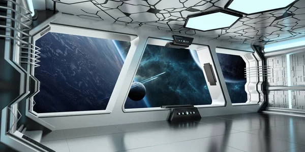 Інтер'єр космічного корабля з видом на віддалені планети системи 3D рендерингу — стокове фото