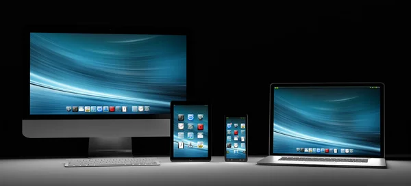 Mörka moderna dator laptop mobiltelefon och surfplatta 3d-rendering — Stockfoto