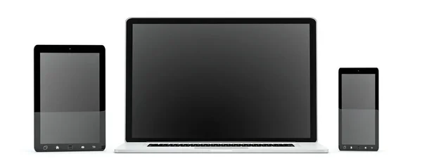 Nowoczesny komputer laptop renderowania 3d telefon komórkowy i tablet — Zdjęcie stockowe