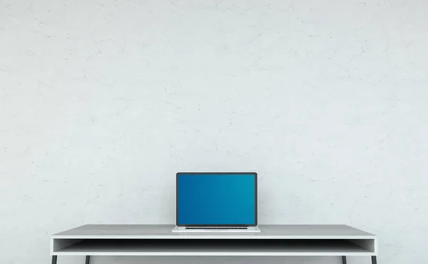 Современный интерьер рабочего стола с 3D рендерингом ноутбука — стоковое фото