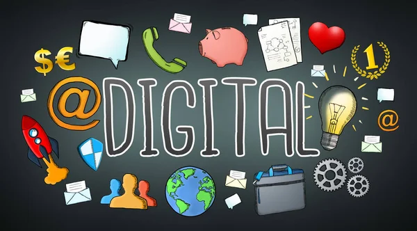 Tecnología multimedia dibujada a mano texto digital con iconos — Foto de Stock