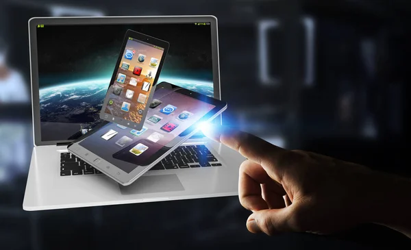 Бізнесмен торкається ноутбука і планшета з пальцем 3D — стокове фото
