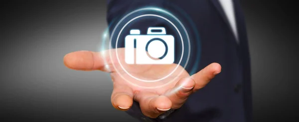 Uomo d'affari utilizzando la moderna applicazione fotocamera rendering 3D — Foto Stock