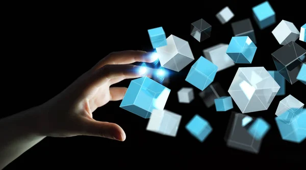 Businesswoman touching floating blue shiny cube network 3D rende — Stock Photo, Image