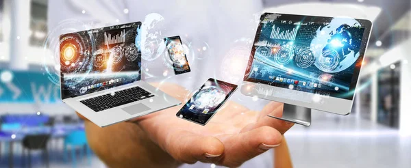 Businessman connecting tech devices to each other 3D rendering — Stock Photo, Image