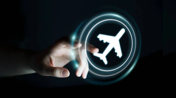 Empresária reserva seu voo com aplicação digital moderna — Fotografia de Stock
