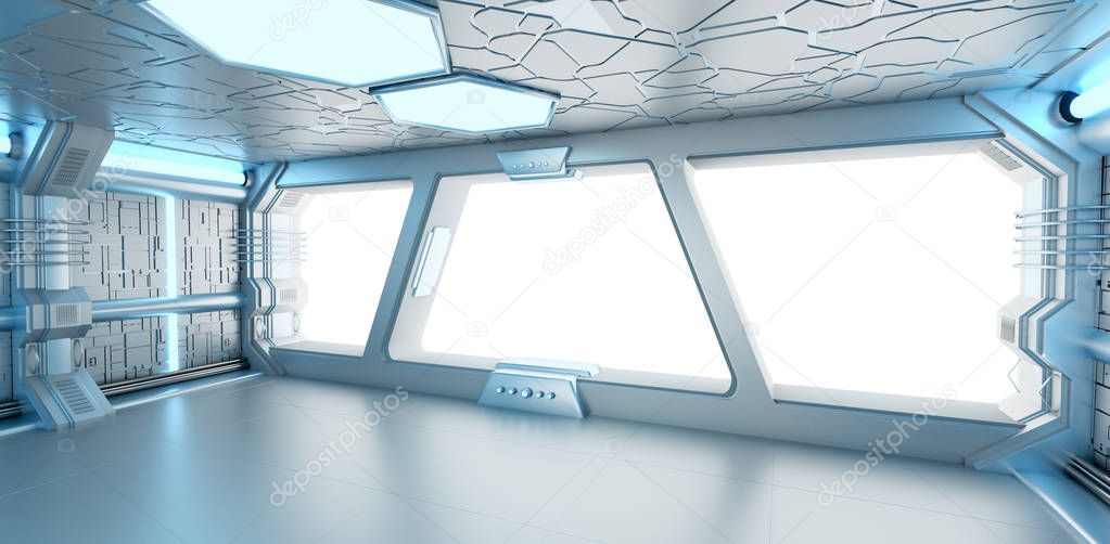 Spaceship blue and white interior 3D rendering