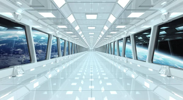 Rymdskepp korridor med utsikt på planeten jorden 3d rendering el — Stockfoto