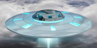 Vintage Ufo bulutlu gökyüzü 3d render uçan