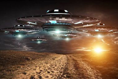 UFO işgal gezegen Dünya'ya landascape 3d render
