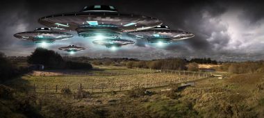UFO işgal gezegen Dünya'ya landascape 3d render
