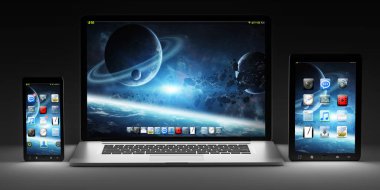 Karanlık modern bilgisayar dizüstü cep telefonu ve tablet 3d render