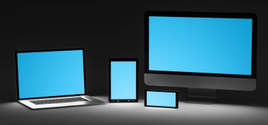 Karanlık modern bilgisayar dizüstü cep telefonu ve tablet 3d render