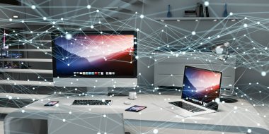 Parlak nokta ağ 3d render masaüstünde kayan