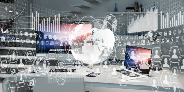 Çalışma alanı modern cihazlar ve hologram ekranlar 3d render ile