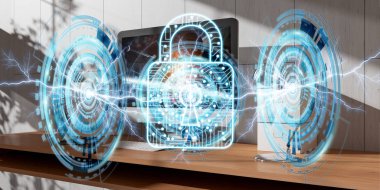 Beyaz ve masaüstü 3d render üzerinden uçan dijital güvenlik duvarı