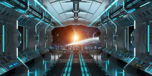 Statek kosmiczny wnętrza z widokiem na odległych planetach system renderowania 3d — Zdjęcie stockowe