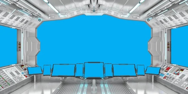 Interno astronave con vista su finestre blu rendering 3D — Foto Stock