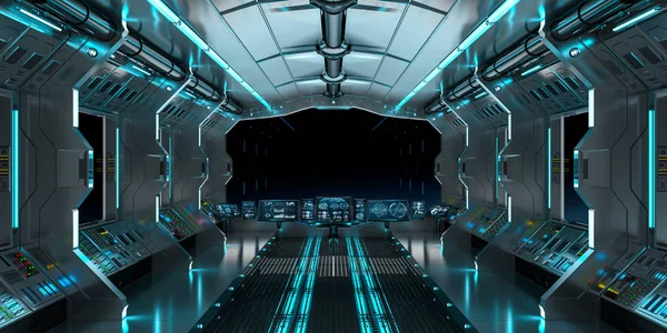 Interior da nave espacial com vista para a janela preta renderização 3D — Fotografia de Stock