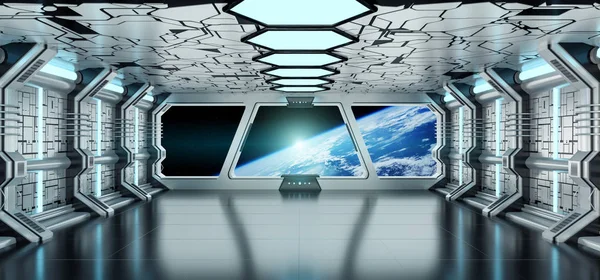 Інтер'єр космічного корабля з видом на планету Земля 3D рендеринг ель — стокове фото
