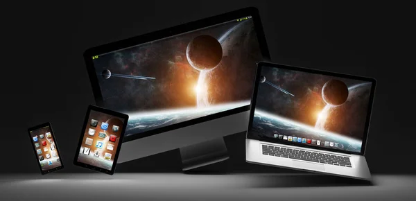 Ciemny nowoczesny komputer laptop renderowania 3d telefon komórkowy i tablet — Zdjęcie stockowe