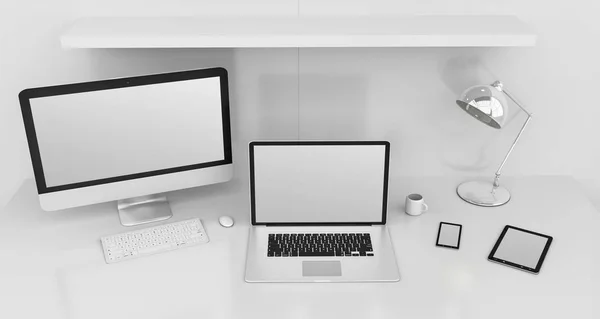 Moderne weiße Schreibtischausstattung mit Computer und Geräten 3D-Renderin — Stockfoto