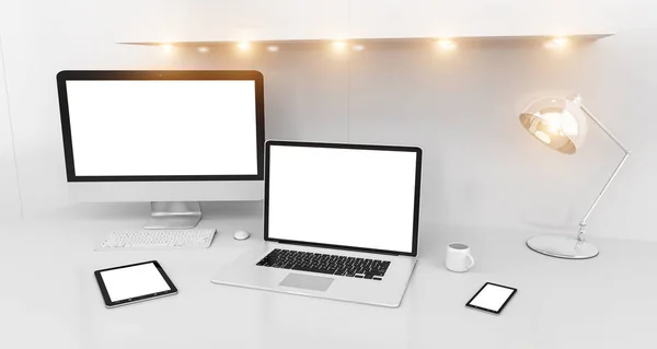 Modern white desk interior with computer and devices 3D renderin — Stock Photo, Image