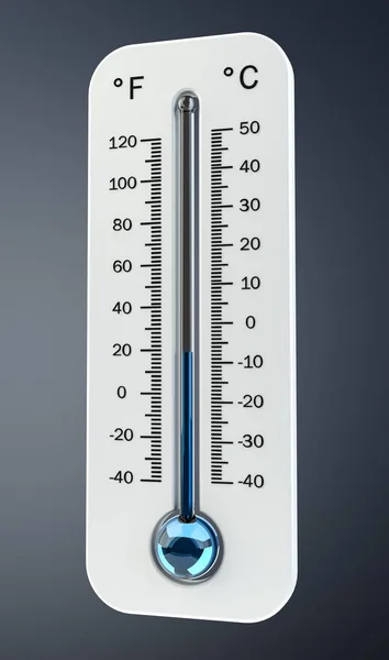 3d rendern kaltes weißes Thermometer, das niedrige Temperatur anzeigt — Stockfoto