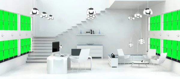 Interior de escritório branco moderno com computador e dispositivos 3D render — Fotografia de Stock