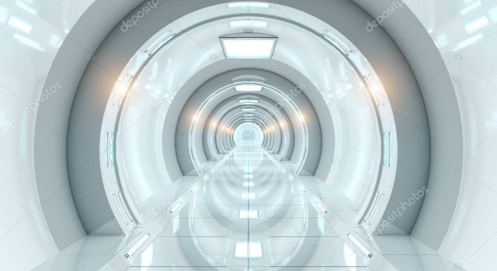 Bright futuristic spaceship corridor 3D rendering