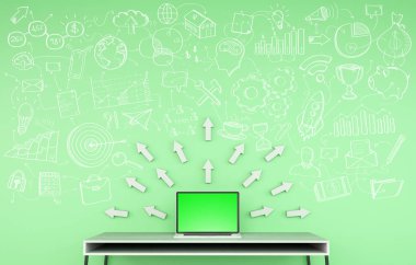 Des üzerinde yeşil bir duvara yazılmış el yazması proje sunumu